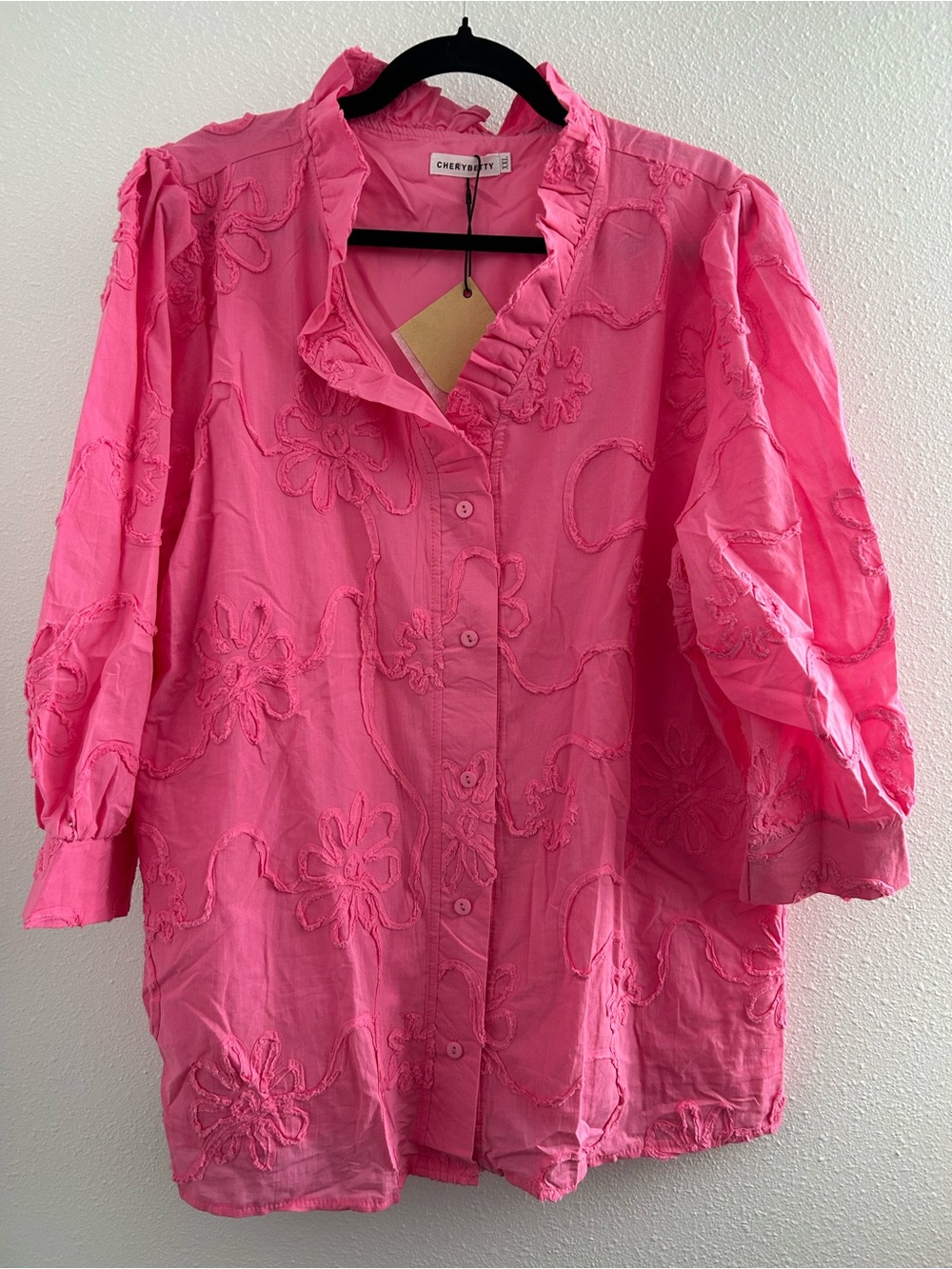 CherryBetty Pink Embroidered Ruffle-Collar Button Down Shirt